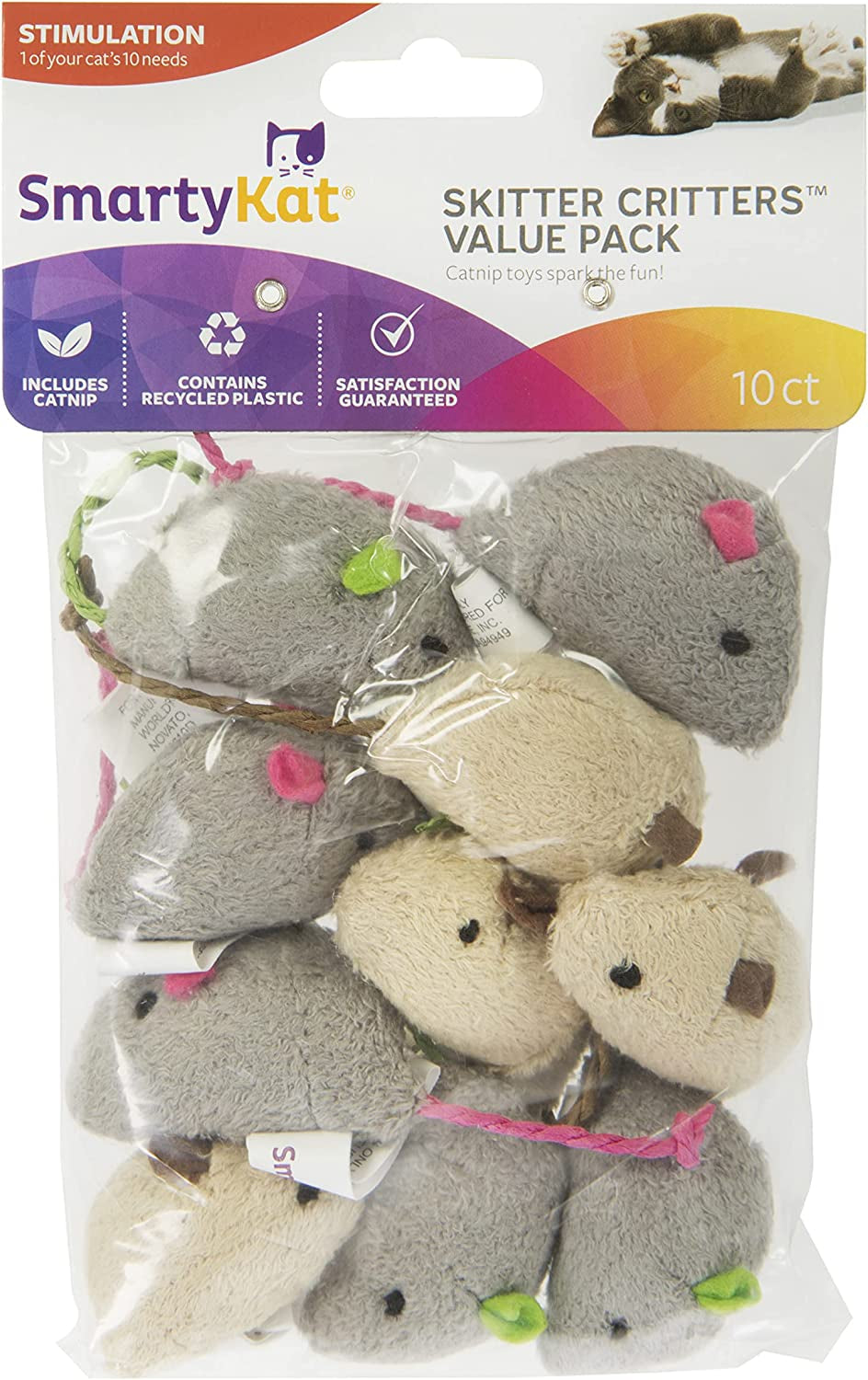 (3 Count) Skitter Critters Catnip Cat Toys - Gray/Cream, 3 Count